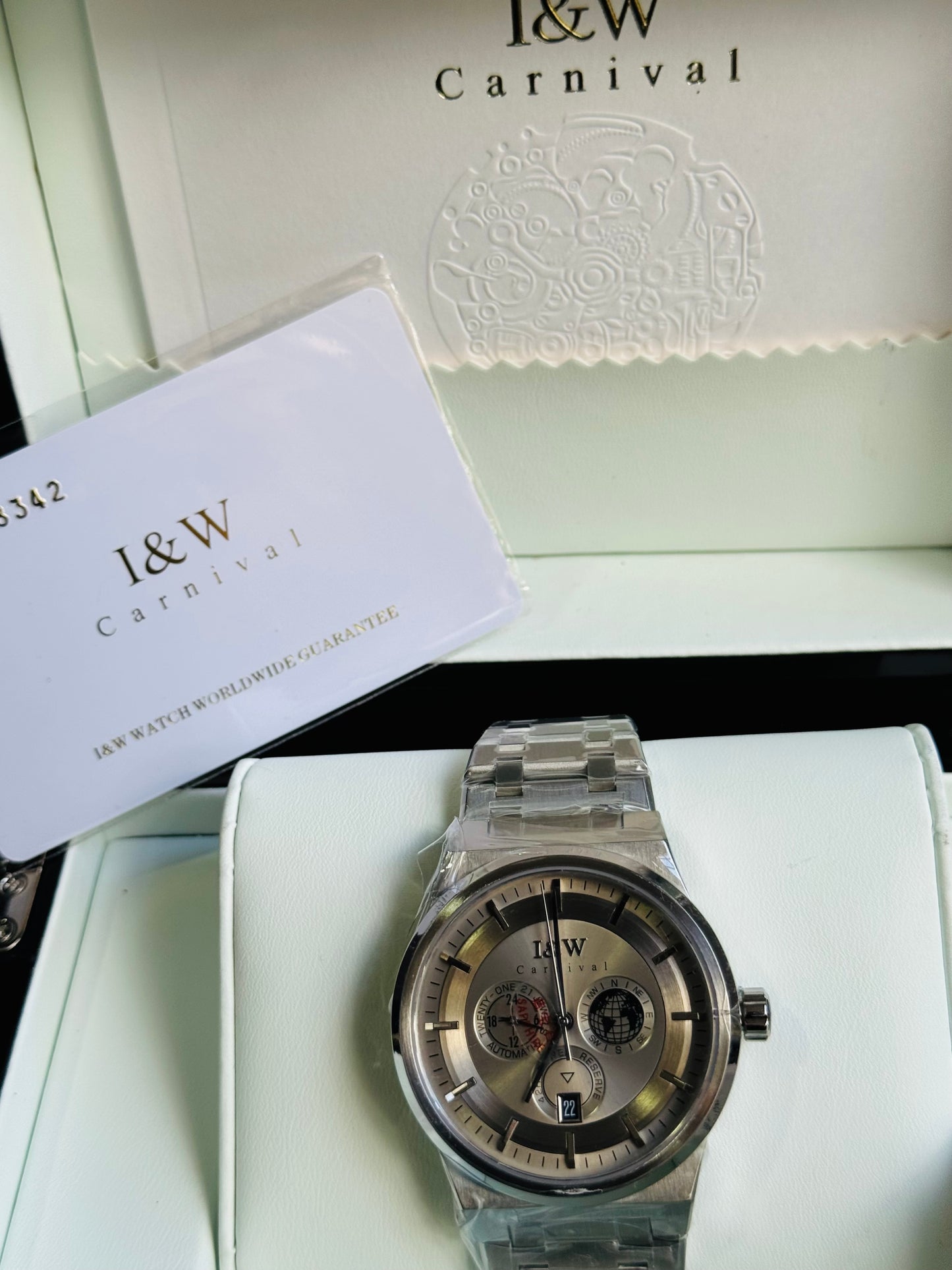 HERMOSO HE INTRINCADO DISEÑO!!!RELOJ I&W AUTOMATICO MECÁNICO-CALENDARIO -42 HORAS DE RESERVA DE CARGA-FECHADOR-DIAL 21 JOYAS 💎 RESISTENTE AL AGUA- ALTA CALIDAD!!! 💯% ORIGINAL