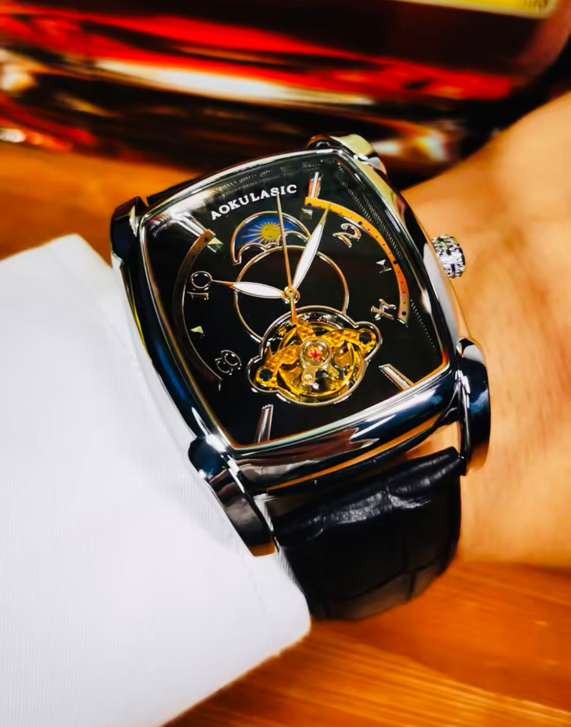 Elegante Reloj Automático Mecánico Tourbillon pulsera resistente al agua con mecanismo automático de movimiento, complemento mecánico Rectangular Carátula luminosa