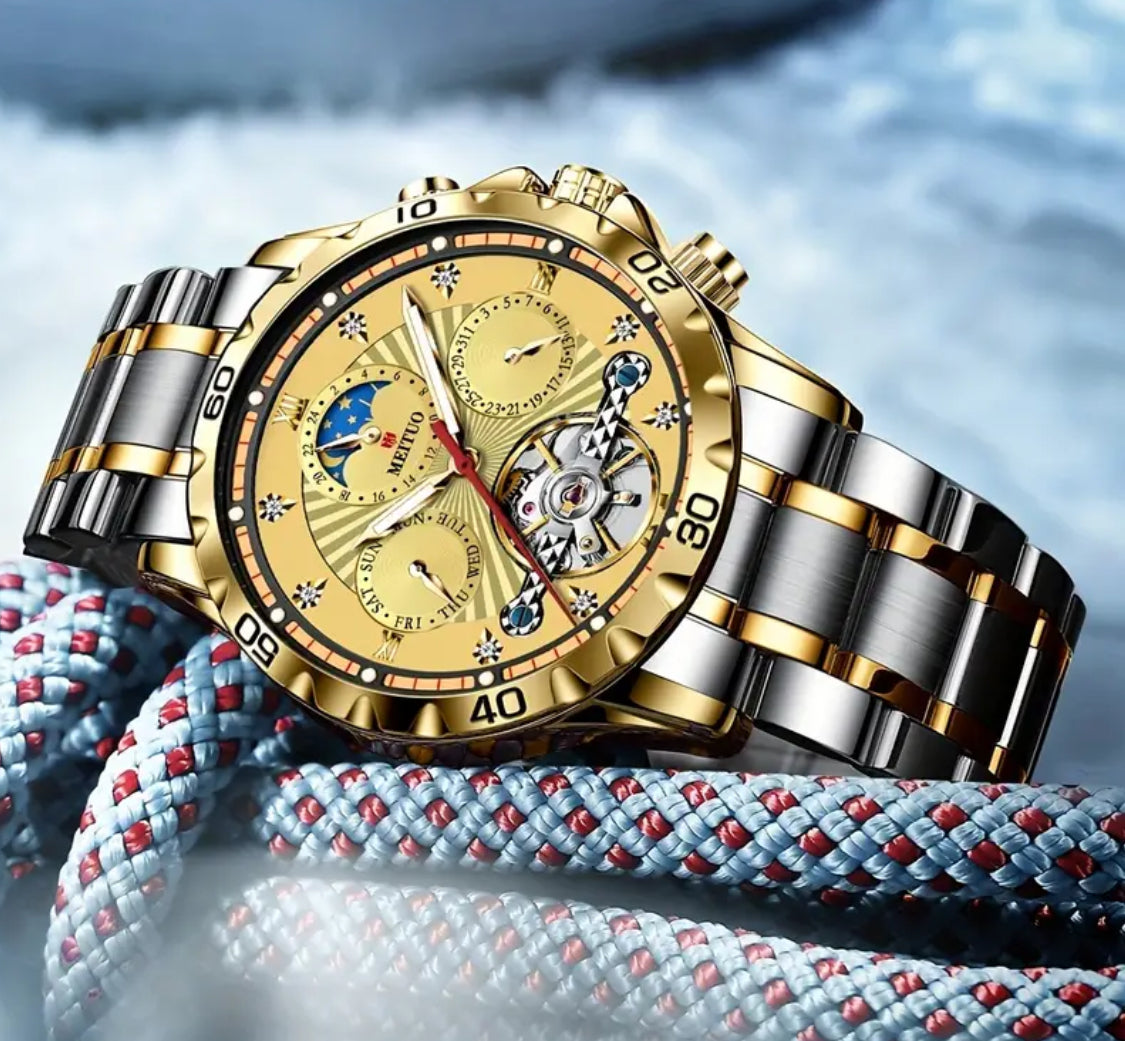 Elegante Y Sofisticado Reloj Automático Mecánico-Tourbillon -Multifuncional- Fechador-Display de Día y Noche-Día de la semana-Luminoso- Cristal Mineral Reforzado Antirrallones- Etcétera