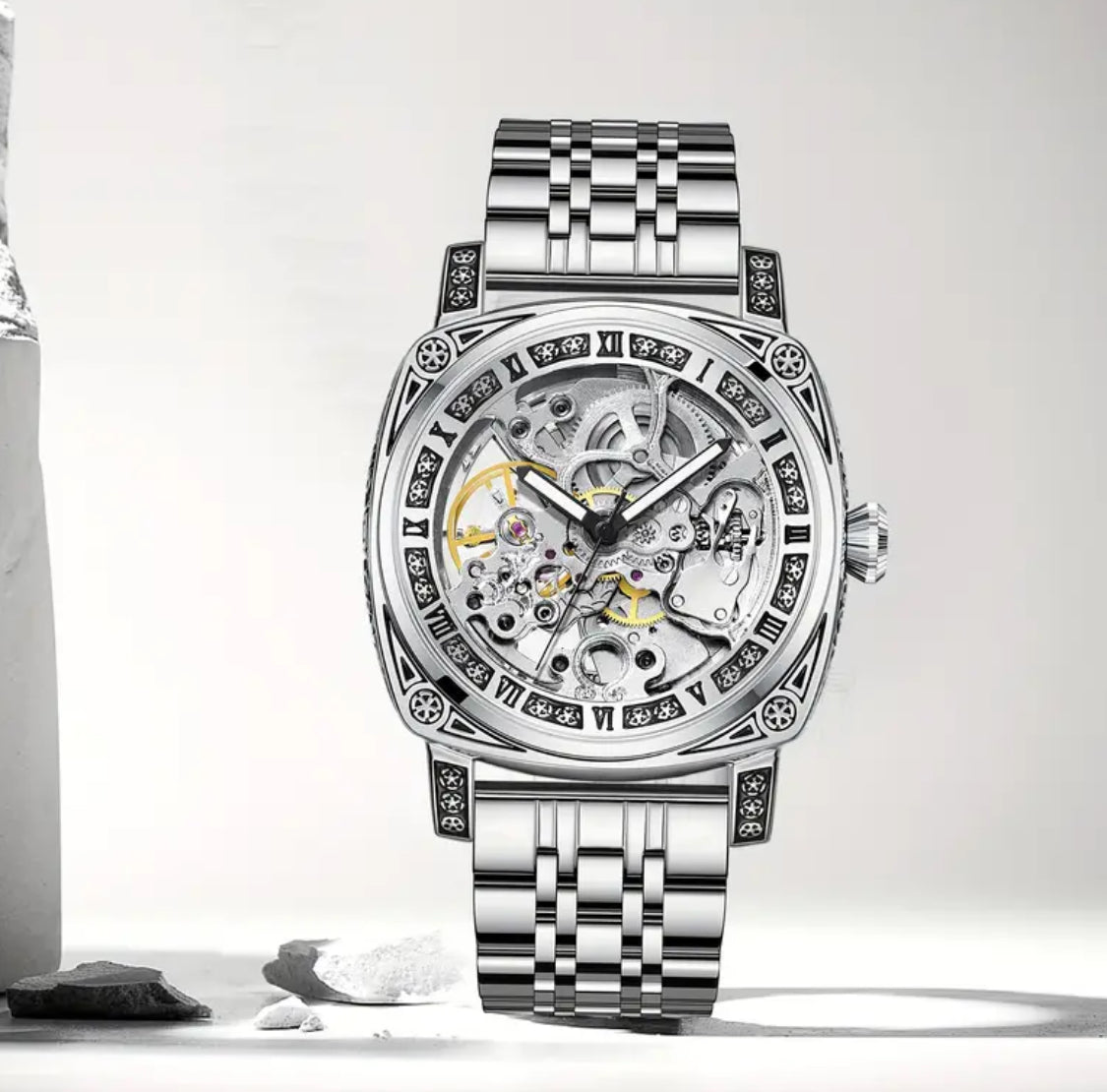 Intrincado Diseño Grabado Reloj Automático Mecánico Skeleton de Alta Calidad Exquisitos Acabados