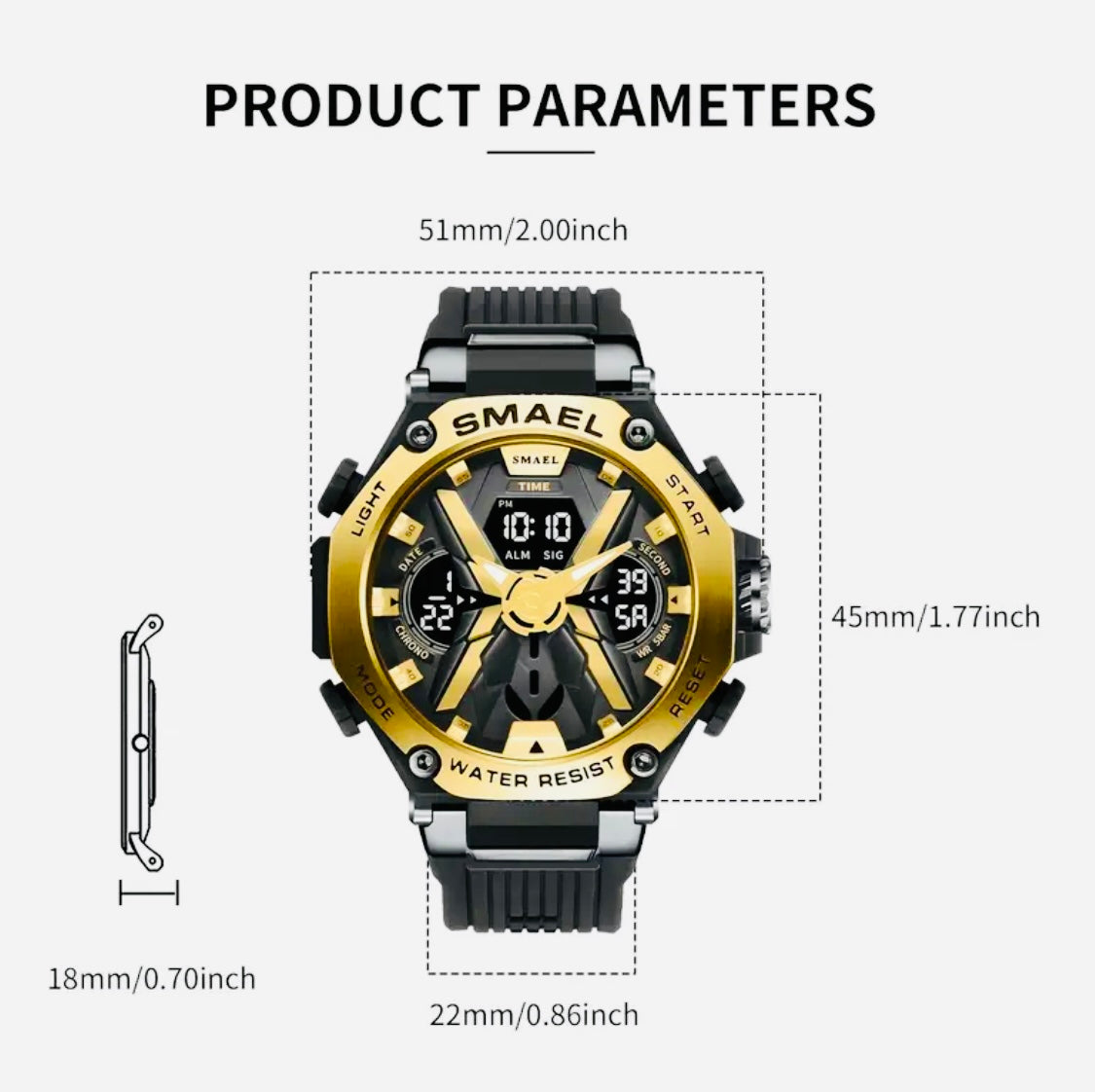 Reloj Deportivo Digital para Hombre con Movimiento de Doble Pantalla, Caja Redonda de Aleación, Correa de TPU, Alimentado por Batería, Conducción Electrónica, Impermeable 5ATM, Luz Nocturna y Botón de Luz, Reloj de Moda