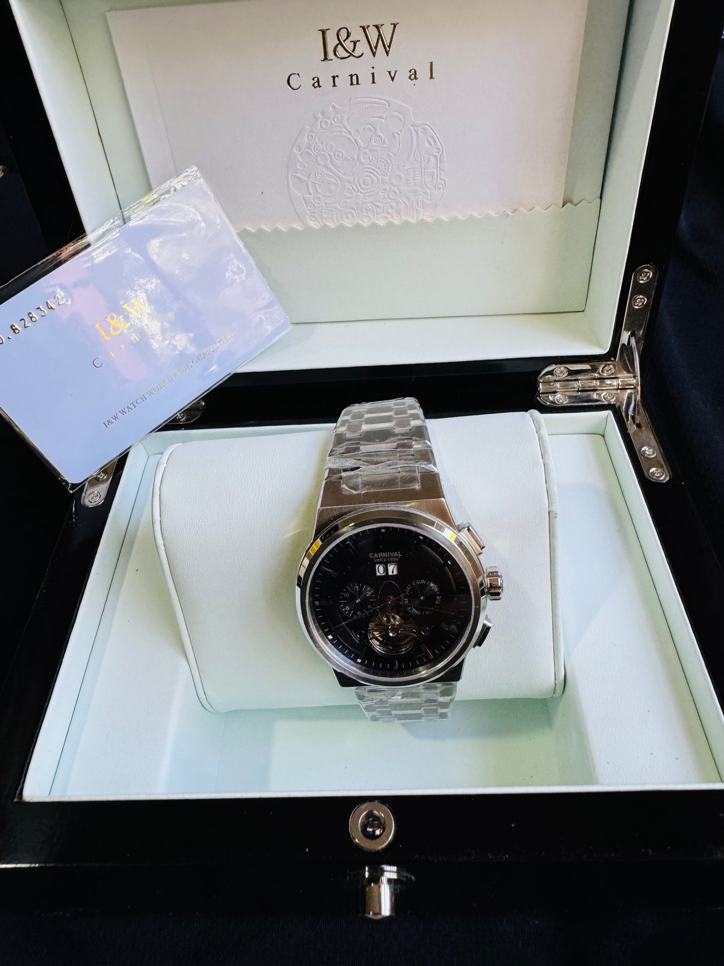 RELOJ I&W AUTOMATICO MECÁNICO-VENTANA TOURBILLON-CALENDARIO  MES-SEMANA-FECHADOR- HORAS PEQUEÑO DIAL JOYAS 💎 RESISTENTE AL AGUA- ALTA CALIDAD!!! 💯% ORIGINAL