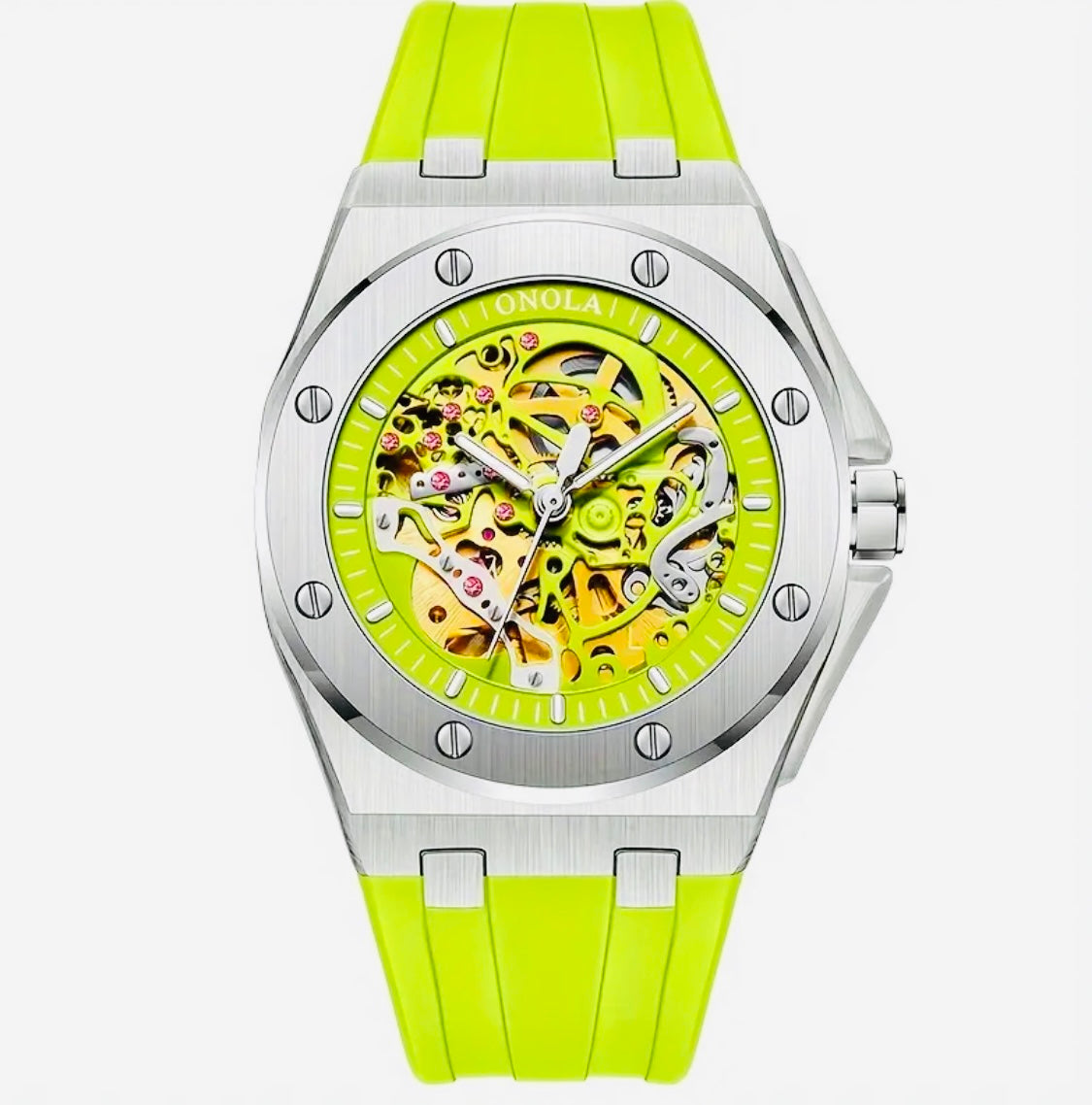 Hermoso Reloj Mecánico Automático de Lujo - Skeleton , Luminoso, Correa de Silicona 💯% Original Gran Calidad con Excelente Maqinaria y Materiales! Disponible en Negro y Dorado- Verde Amarillo Limón- Azul -Blanco