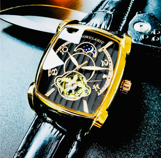 Elegante Reloj Automático Mecánico Tourbillon pulsera resistente al agua con mecanismo automático de movimiento, complemento mecánico Rectangular Carátula luminosa