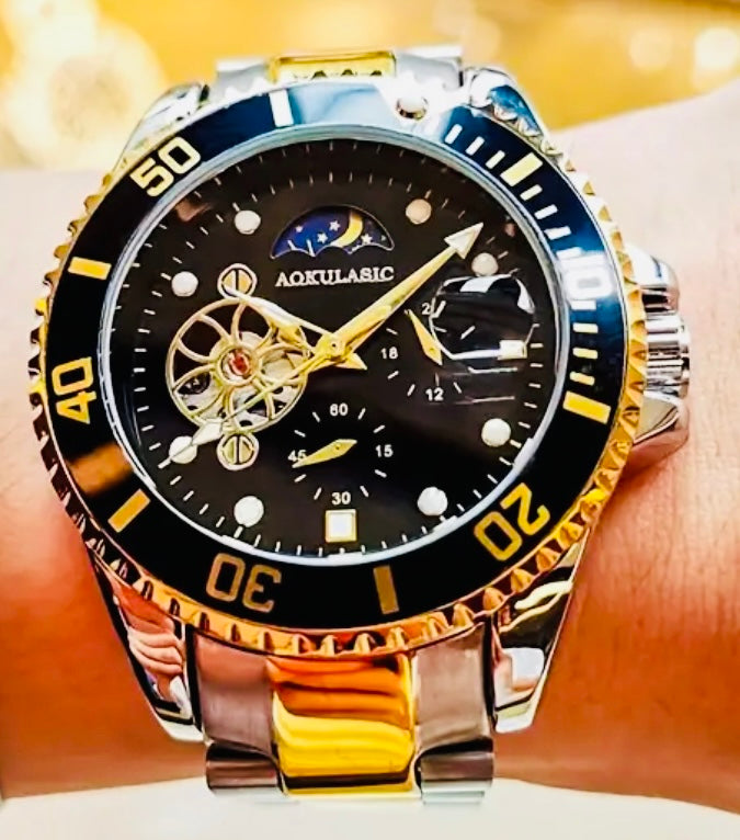 Reloj Mecánico Automático de Lujo para Hombre, Esfera Redonda, Correa de Acero Inoxidable, Resistente al Agua 30 m, Movimiento de Cuerda Automática, Caja de Aleación, Visualización de Puntero, Reloj de Pulsera de Marca Geni