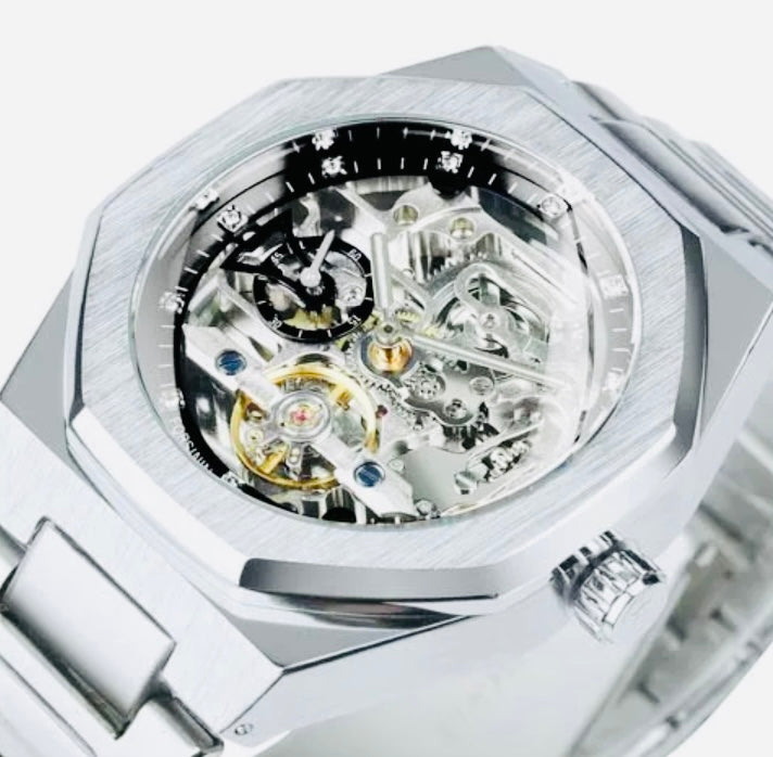 Exquisito Reloj Automático Mecánico Skeleton Tourbillon Octagonal Segundero Acero Inoxidable Alta Calidad Cierre de Mariposa Simplemente Refinado!