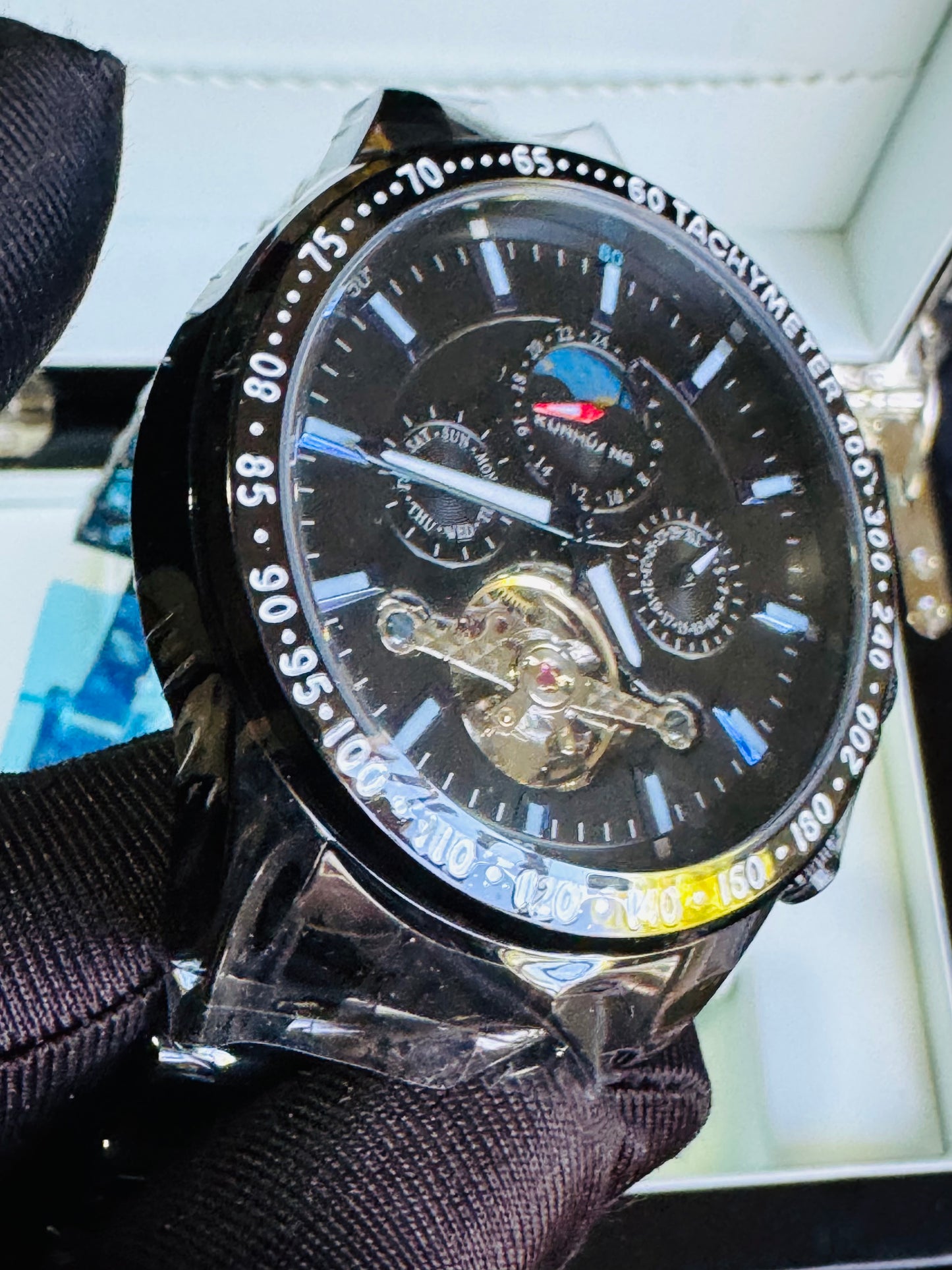 MULTINACIONAL RELOJ AUTOMÁTICO MECÁNICO-CALENDARIO 24 HRS LUNAR-TACÓMETRO-LUMINOSO-VENTANA TOURBILLON- DÍA DE LA SEMANA-CALENDARIO DIAL PEQUEÑO- ETC, ETC!