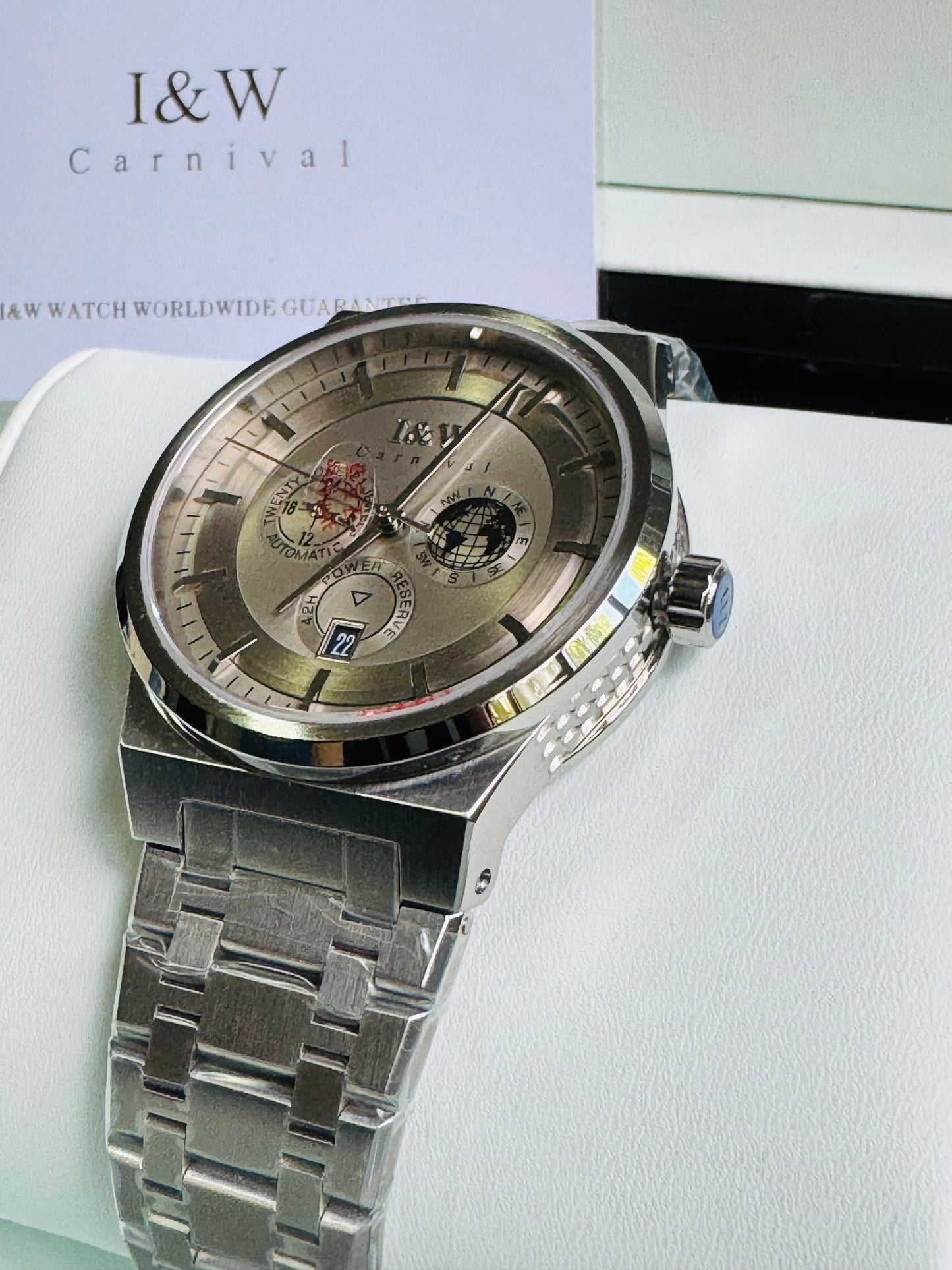 HERMOSO HE INTRINCADO DISEÑO!!!RELOJ I&W AUTOMATICO MECÁNICO-CALENDARIO -42 HORAS DE RESERVA DE CARGA-FECHADOR-DIAL 21 JOYAS 💎 RESISTENTE AL AGUA- ALTA CALIDAD!!! 💯% ORIGINAL