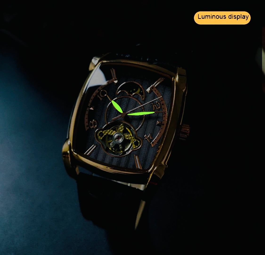 Elegante Reloj Automático Mecánico Tourbillon pulsera resistente al agua con mecanismo automático de movimiento, complemento mecánico Rectangular Carátula luminosa