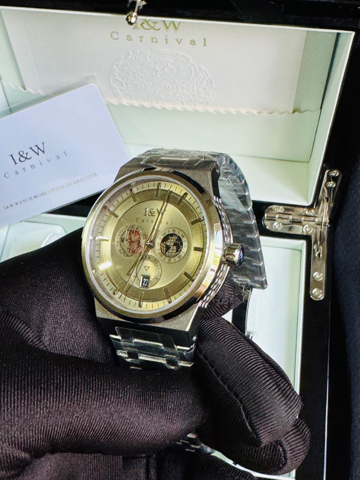 HERMOSO HE INTRINCADO DISEÑO!!!RELOJ I&W AUTOMATICO MECÁNICO-CALENDARIO -42 HORAS DE RESERVA DE CARGA-FECHADOR-DIAL 21 JOYAS 💎 RESISTENTE AL AGUA- ALTA CALIDAD!!! 💯% ORIGINAL