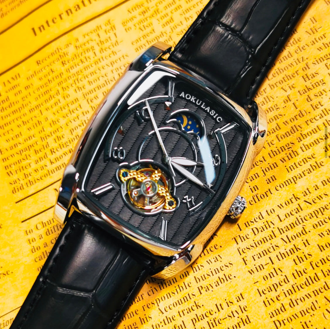 Elegante Reloj Automático Mecánico Tourbillon pulsera resistente al agua con mecanismo automático de movimiento, complemento mecánico Rectangular Carátula luminosa