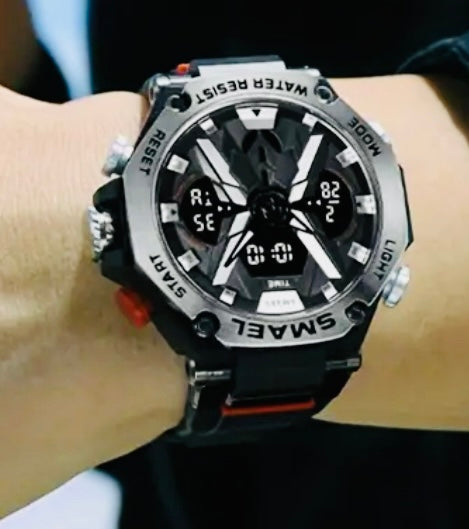Reloj Deportivo Digital para Hombre con Movimiento de Doble Pantalla, Caja Redonda de Aleación, Correa de TPU, Alimentado por Batería, Conducción Electrónica, Impermeable 5ATM, Luz Nocturna y Botón de Luz, Reloj de Moda